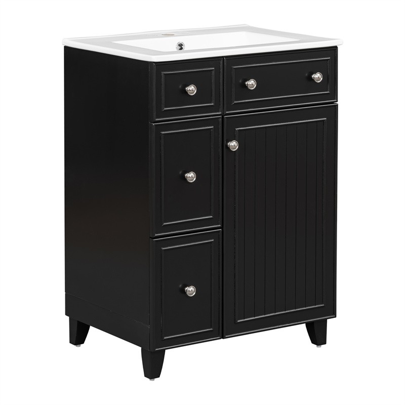24″ Black Bathroom Vanity Cabinet with Ceramic Sink,2 Drawers,1 Soft-Close Door