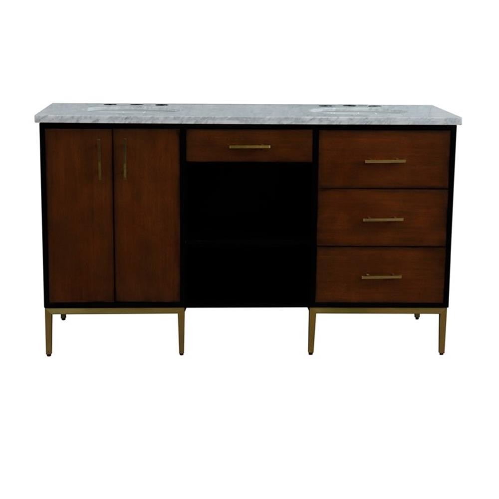 61 in. Double Wooden Vanity Walnut Black White Carrara Marble Oval Sink