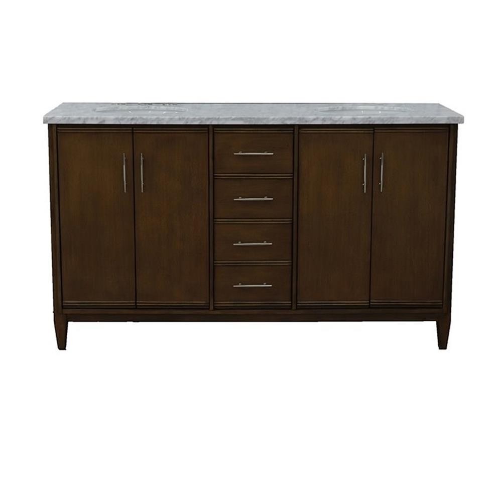 Pemberly Row 61″ Double Oval Sink Solid Wood Vanity in Walnut/White Carrara