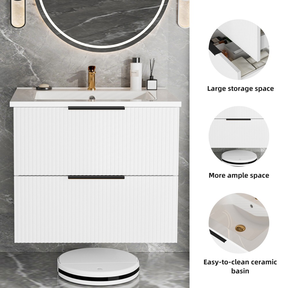 Bathroom Vanity Cabinet W Ceramic Sink Drawers Wall Mounted Fluted Vanity