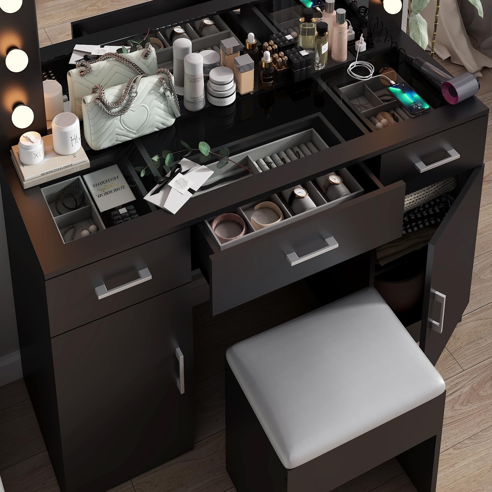 Makeup Vanity Mirror Light Charger 2 Cabinet 3 Drawer Glass Top Stool 3 Colors