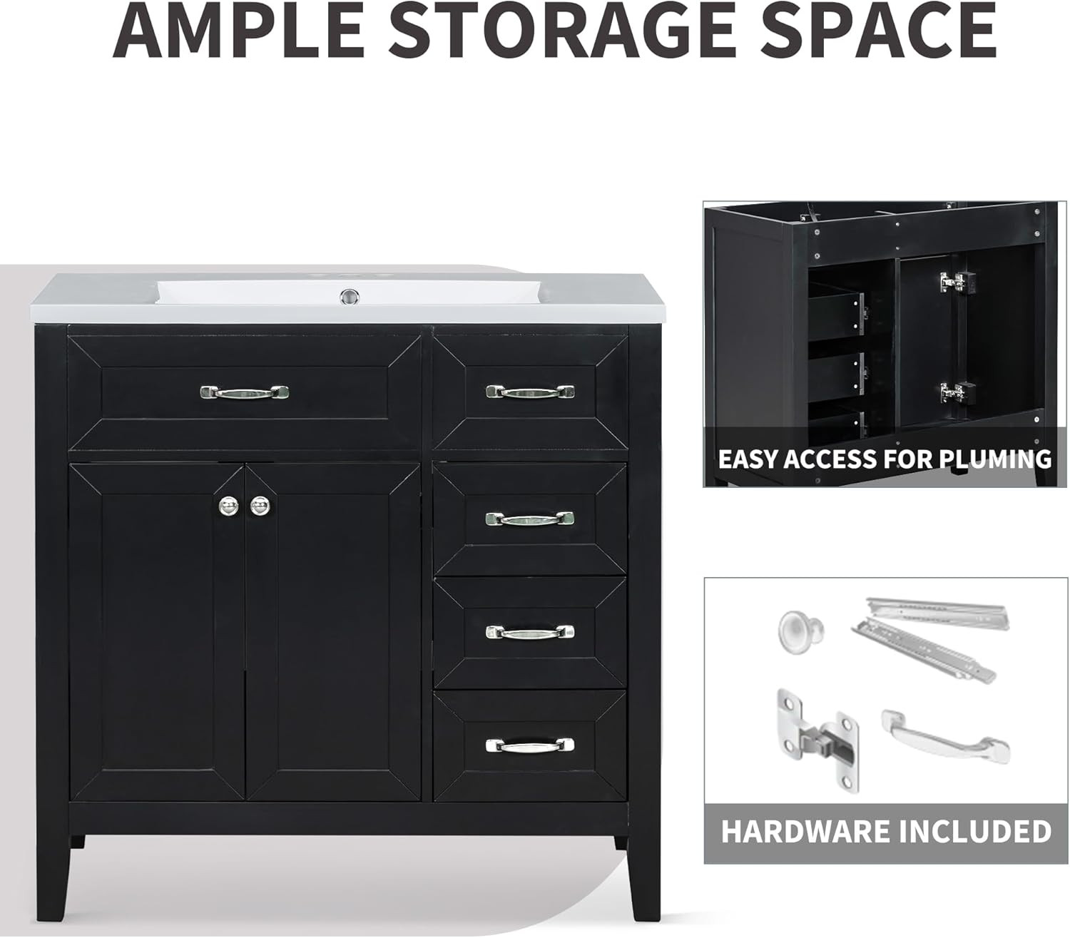 36″ Black Solid Wood Bathroom Vanity Base with 3 Drawers, Stain Proof Storage