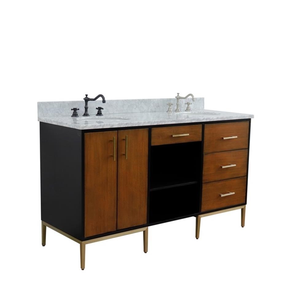 61 in. Double Wooden Vanity Walnut Black White Carrara Marble Oval Sink