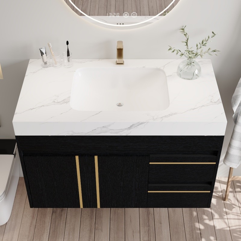 36″ Modern Floating Bathroom Vanity w/Integrated Ceramic Sink & Faux Marble Top