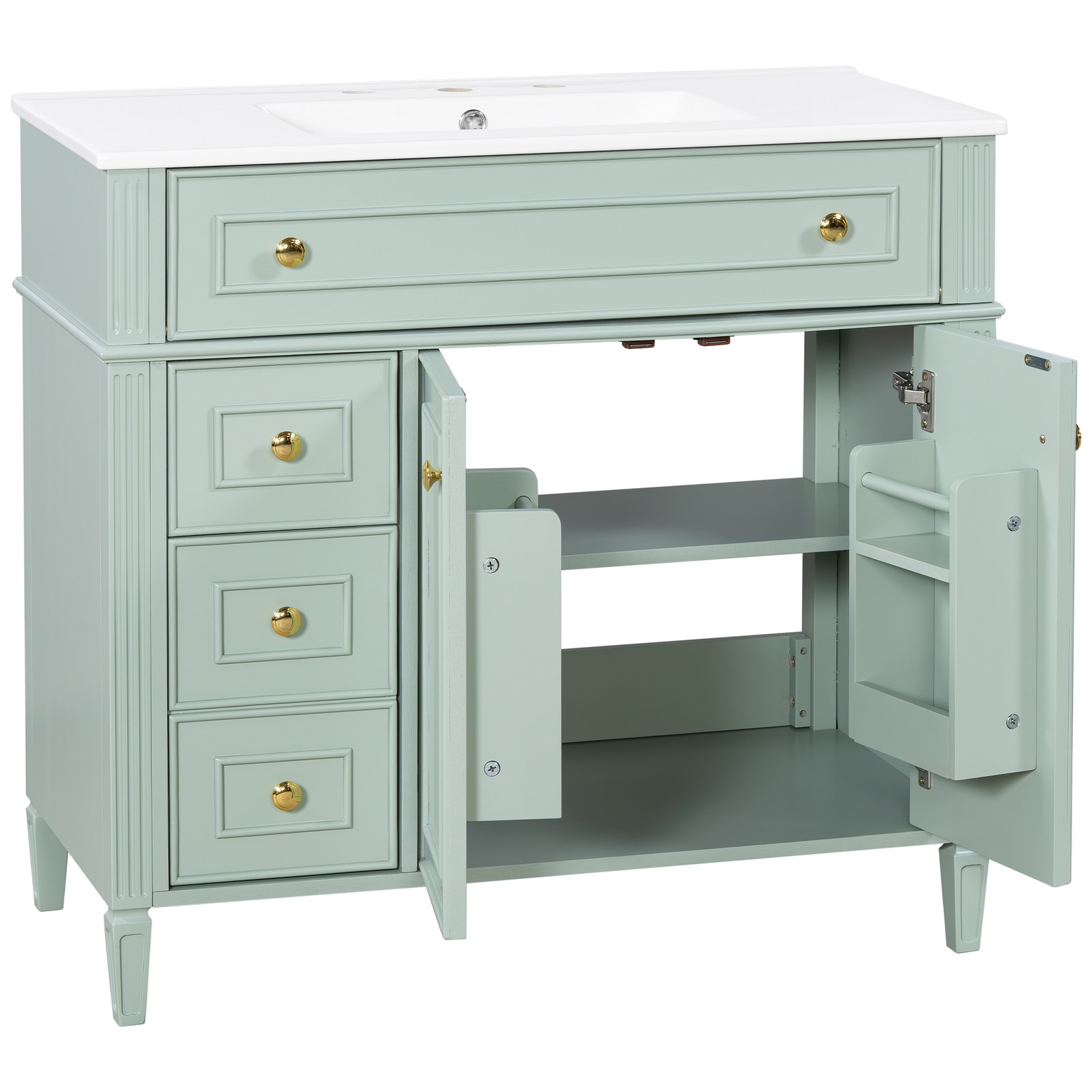 36″ Green Solid Wood Bathroom Vanity with Sink, 3 Drawers & 2 Doors
