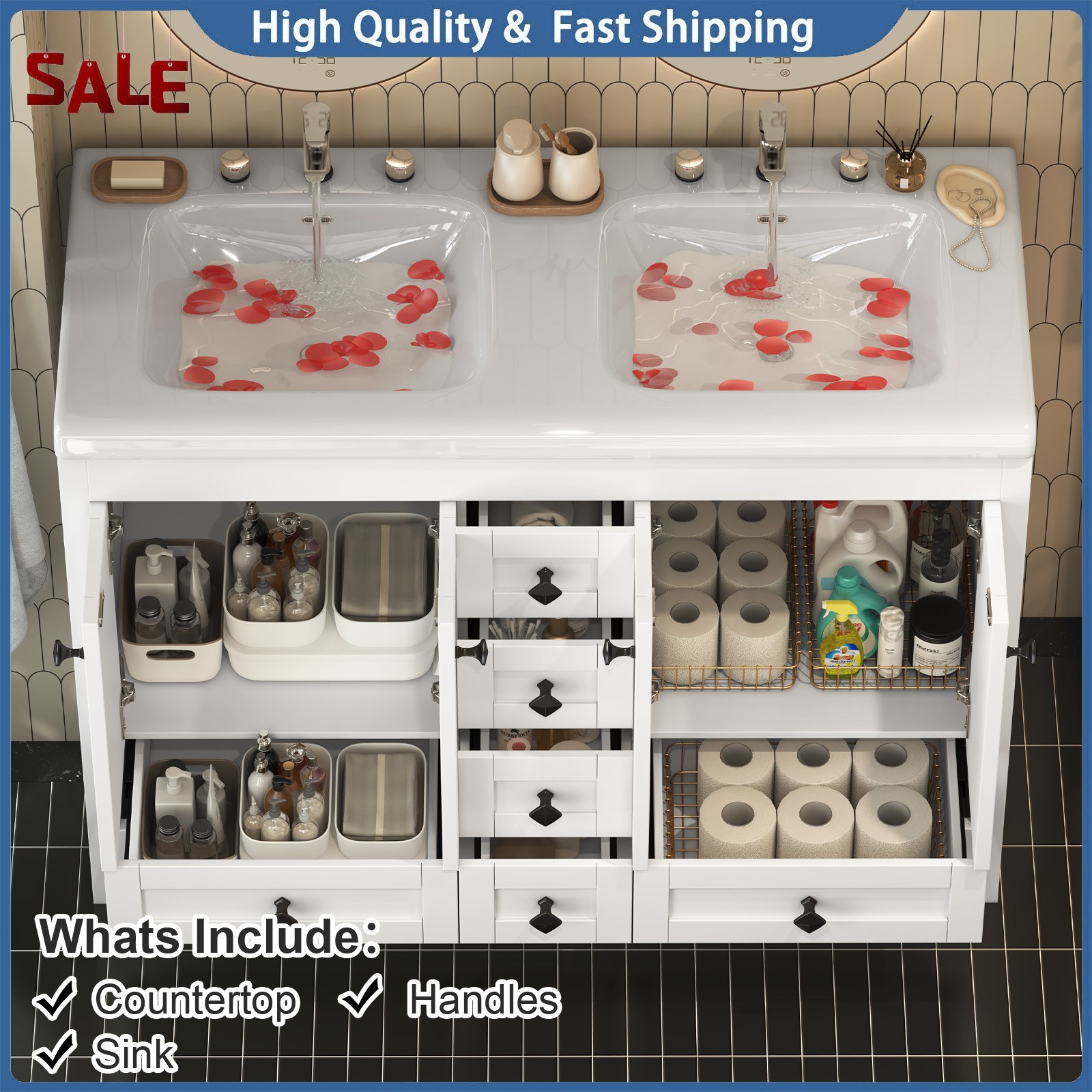 Modern 47-inch Double-Sink Freestanding Vanity with 6 Drawers and Cabinet White