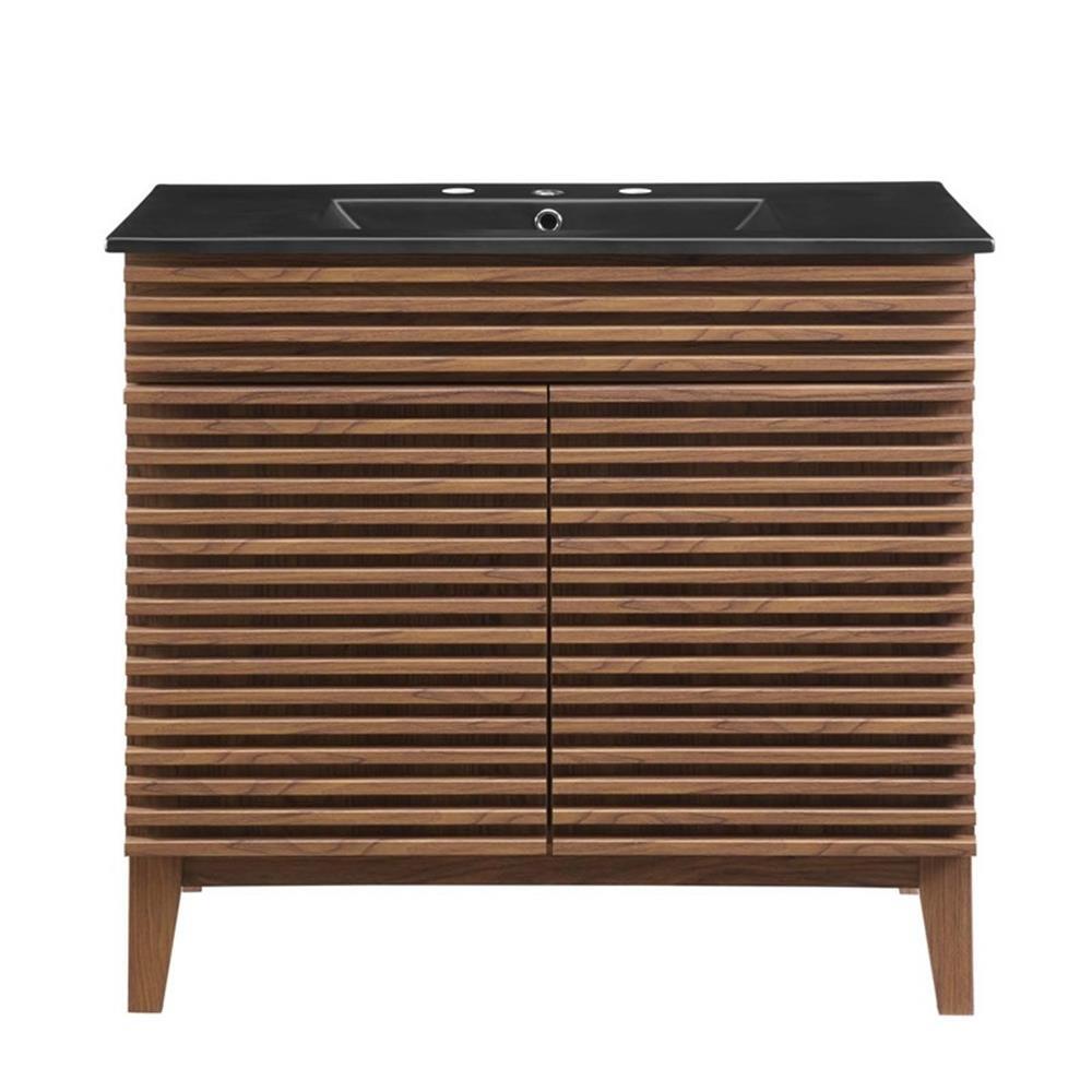 Modway Render Modern Wood/Ceramic Bathroom Vanity in Walnut/Black