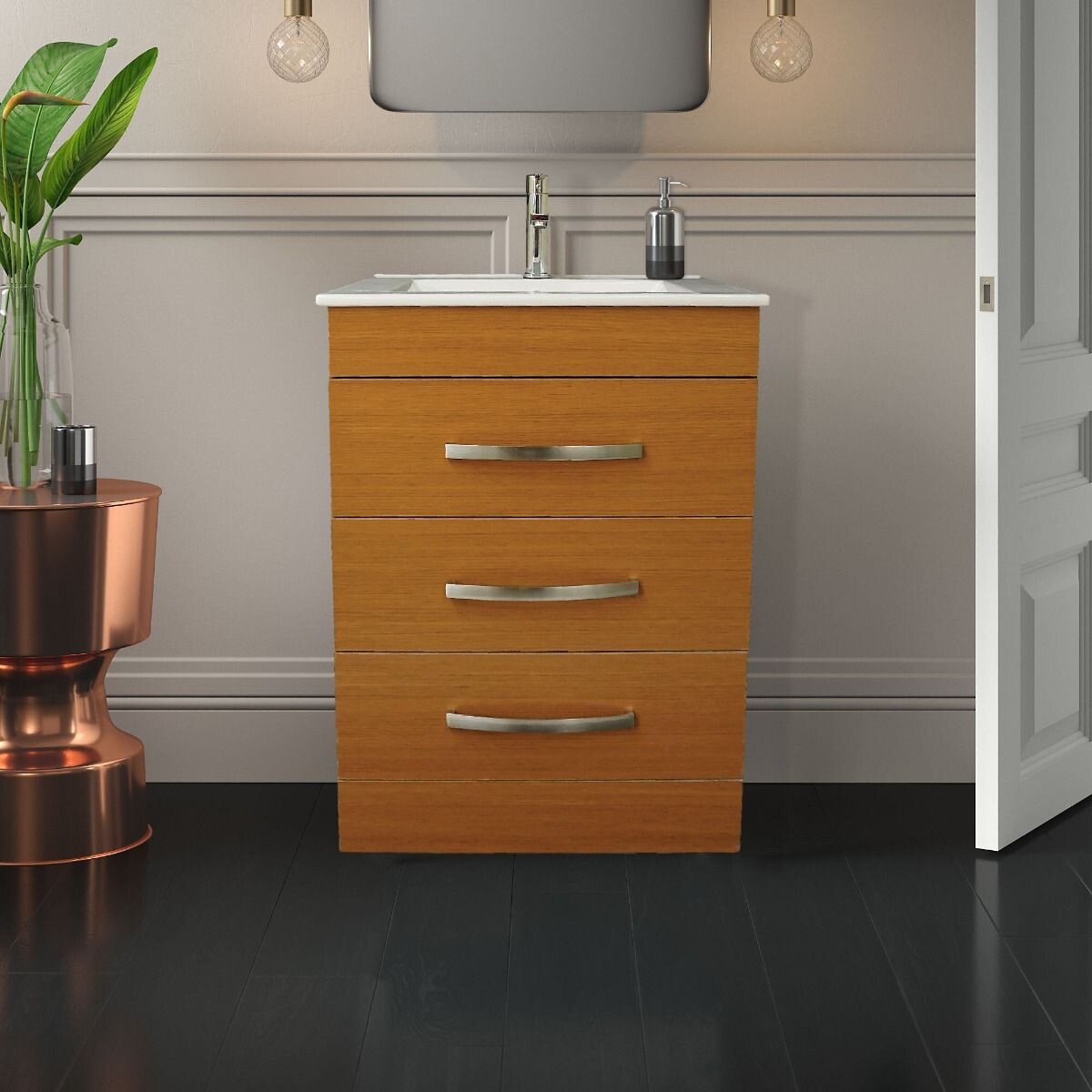 24″ W x 18″ D x 33″ H Geneva Vanity In Light Walnut Color w/White Ceramic Top