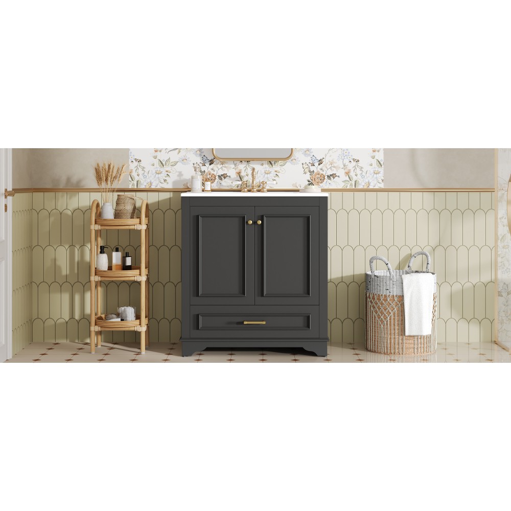 30″ Solid Wood Bathroom Vanity w/Ceramic Sink,2 Soft Close Doors,Storage Cabinet