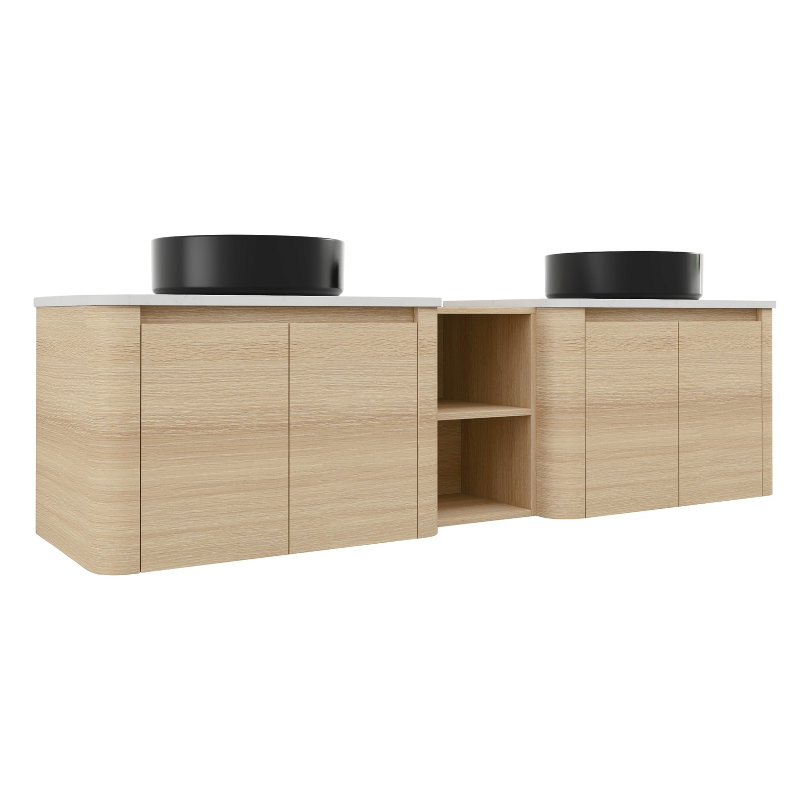 72 in Floating Bathroom Vanity Cabinet 2x Black Ceramic Sink Basin +Open Shelves
