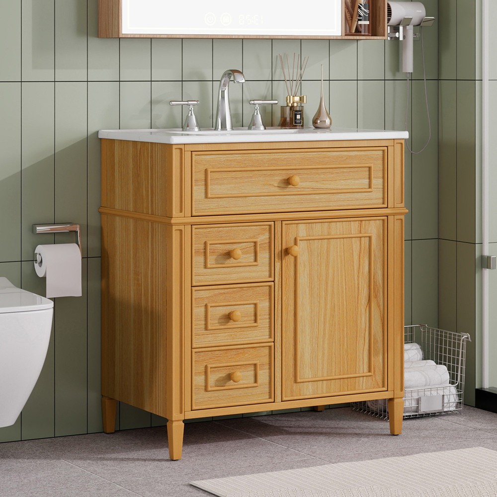 30″ Bathroom Vanity w/Ceramic Sink, Freestanding Bath Vanity Cabinet, 3 Drawers