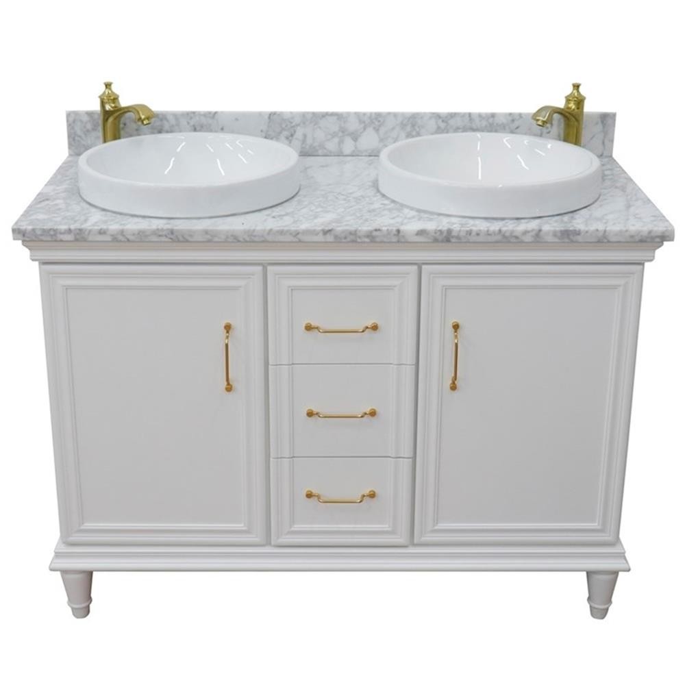49 in. Double Wooden Vanity White with White Carrara Round Sink