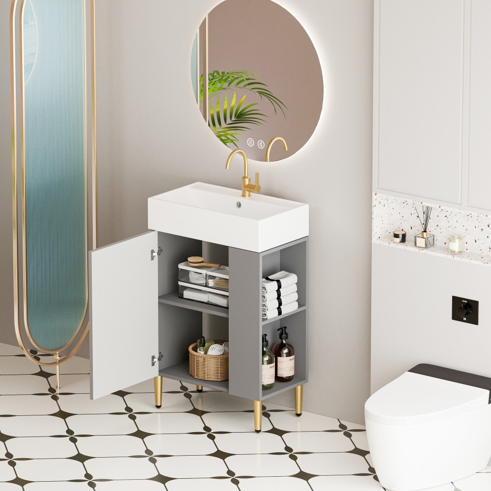 Matte Gray 21.6″ Bathroom Vanity with Ceramic Sink & Soft-Close Doors