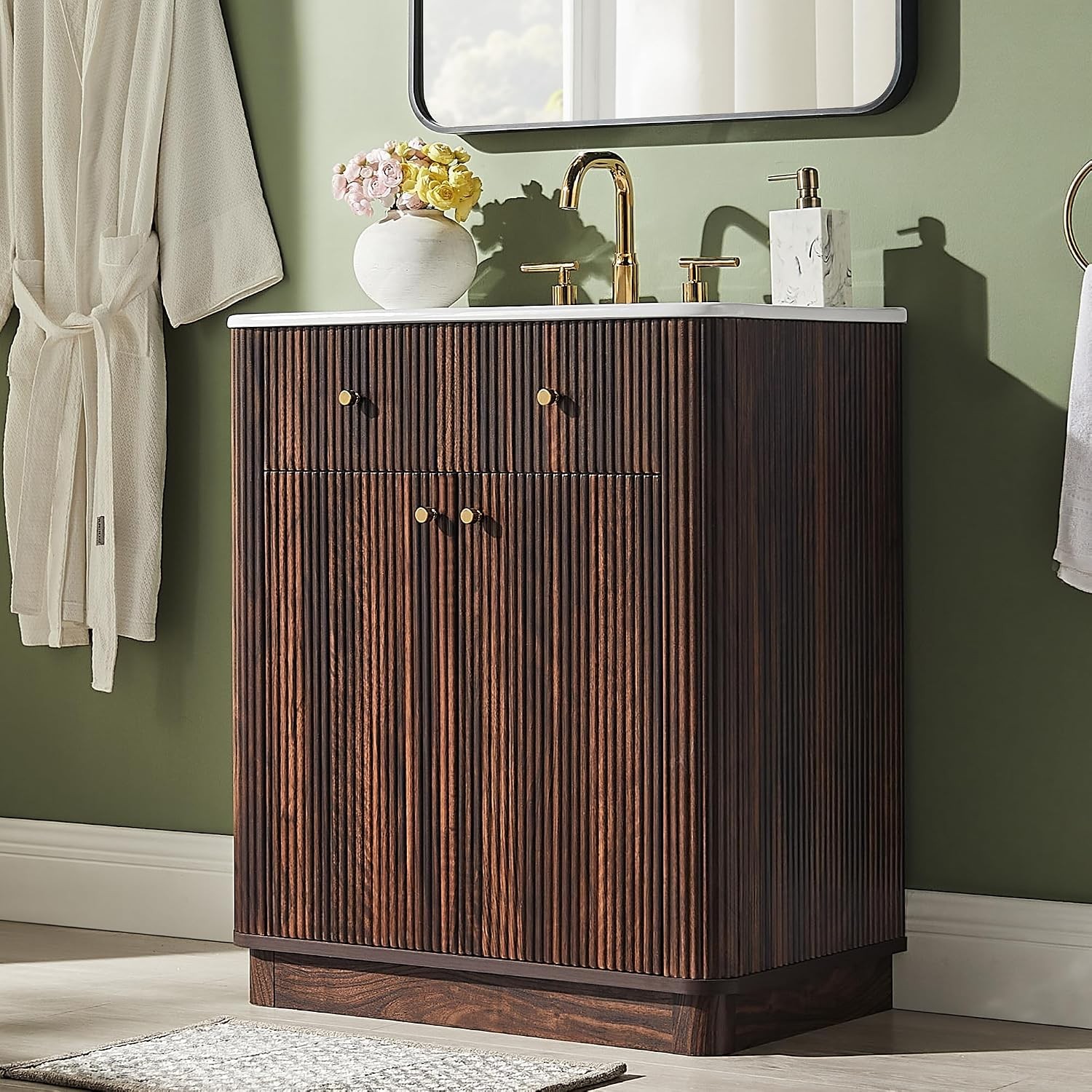 30″ Modern Fluted Bathroom Vanity W/ Sink Dark Walnut