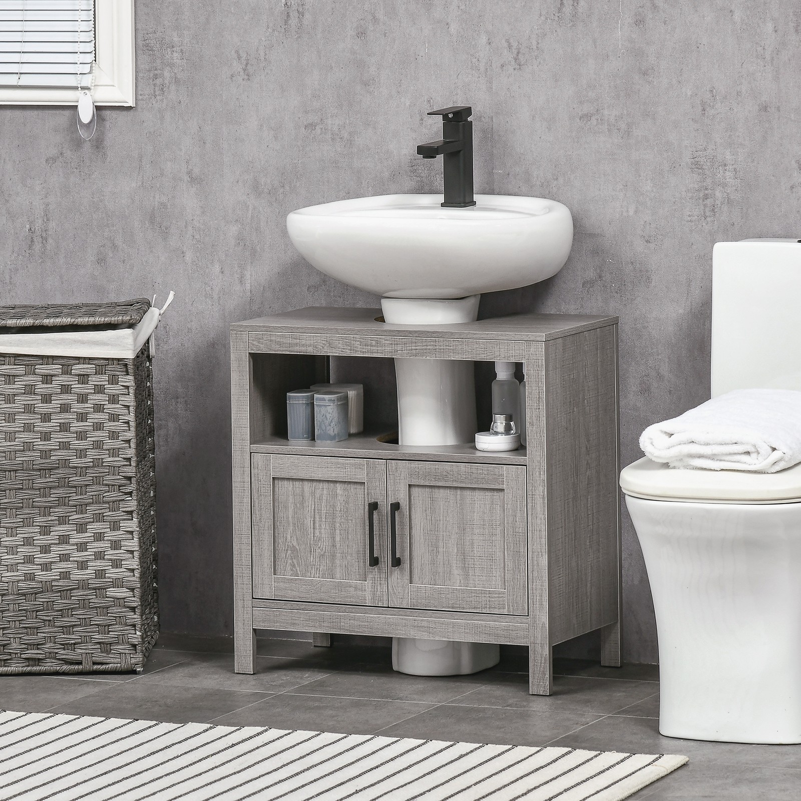 Wooden Pedestal Under Sink Storage Cabinet, Bathroom Organizer w/ 2 Doors, Grey