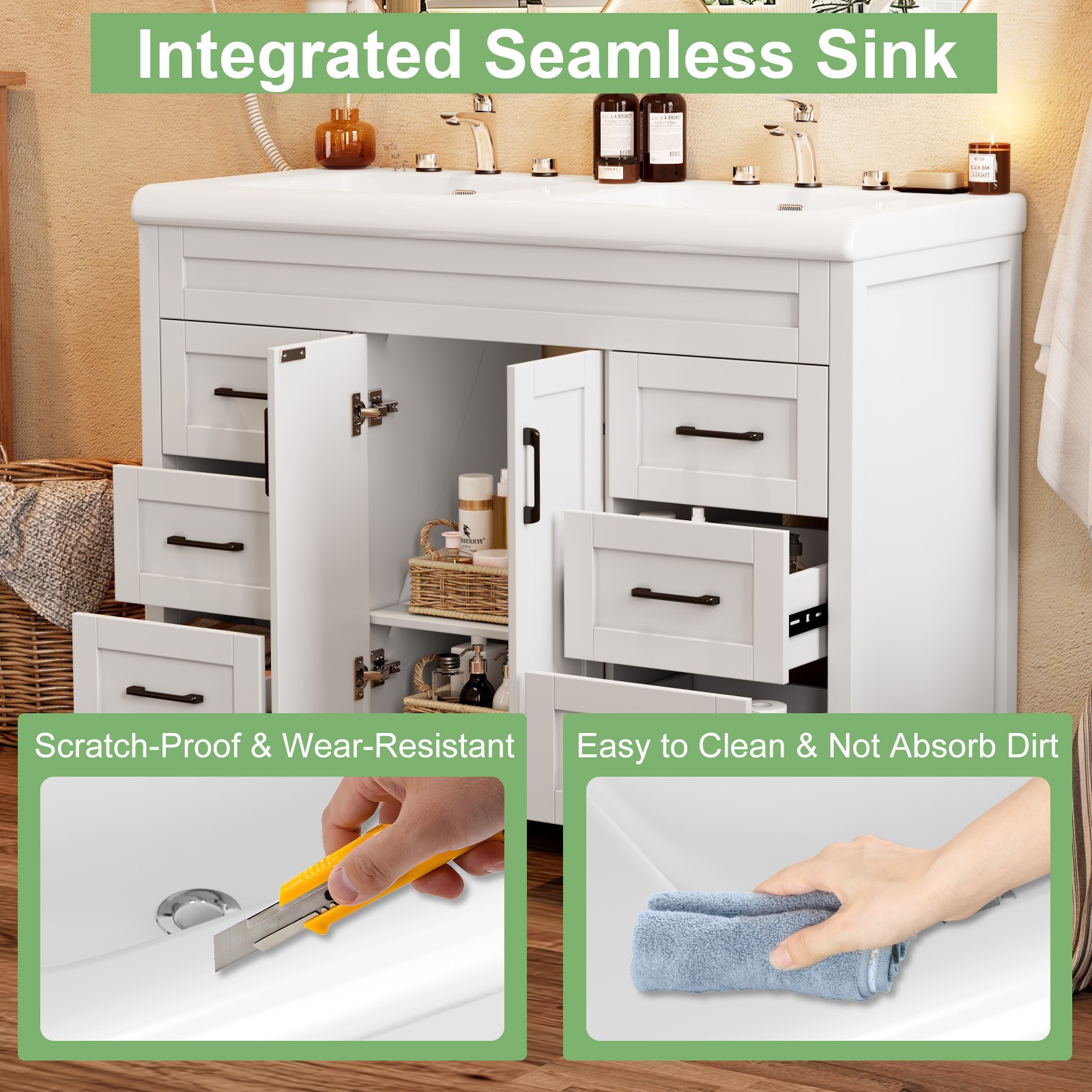 White Bathroom Vanity Double Sink Freestanding Cabinet with Storage Drawers