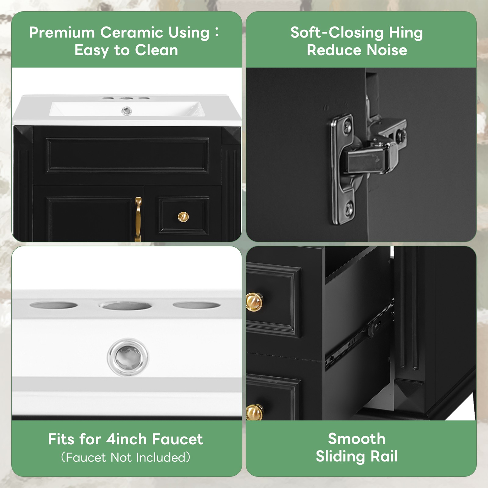 24″ Bathroom Vanity w/Ceramic Sink, Small Bathroom Sink Cabinet with 2 Drawers