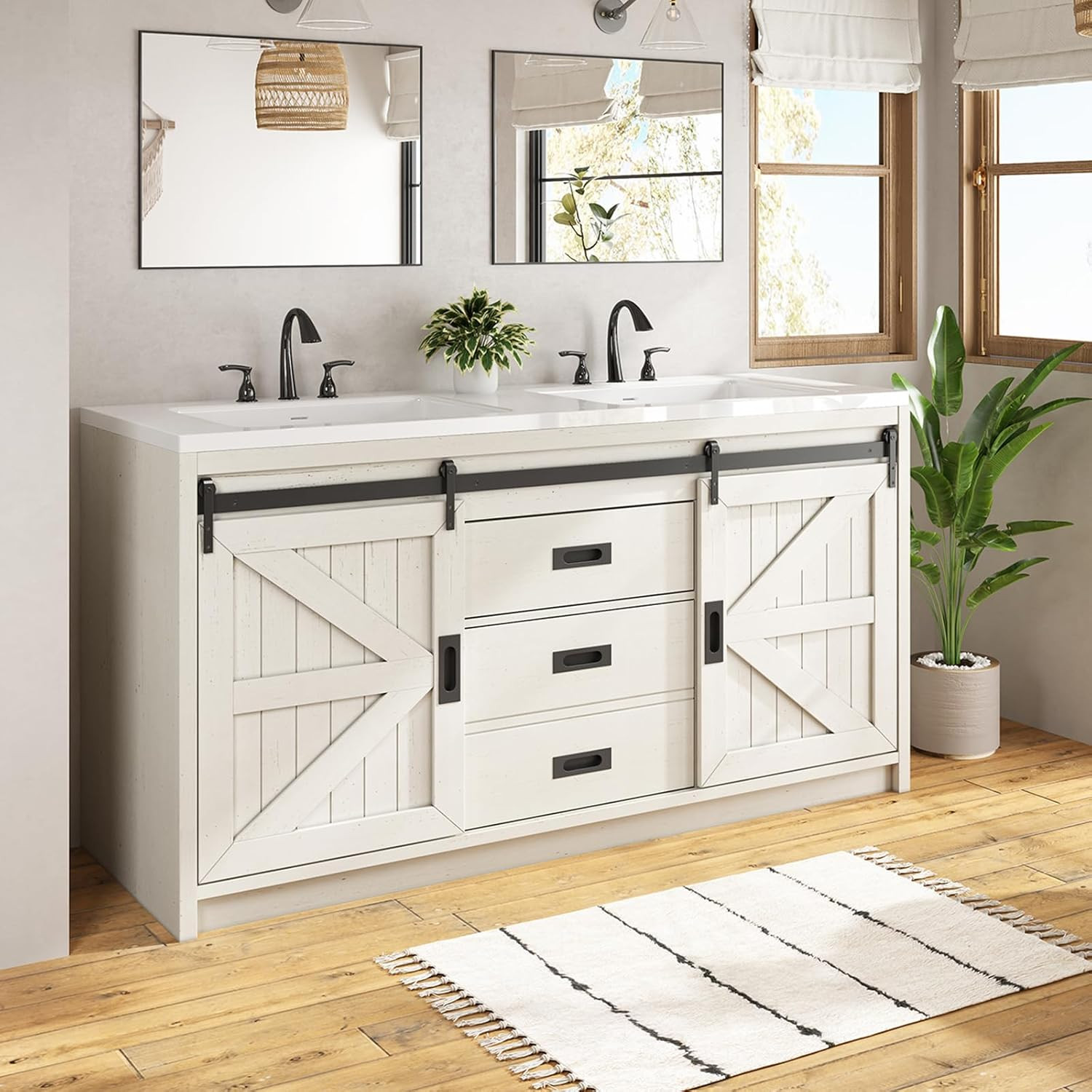61″ Farmhouse Sliding Barn Door Double Vanity with Sink Combo, Freestanding Bath