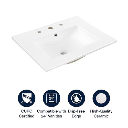 Classic Contemporary 24″ Rectangular Ceramic Sink Basin Vanity Top – White, 3-Ho