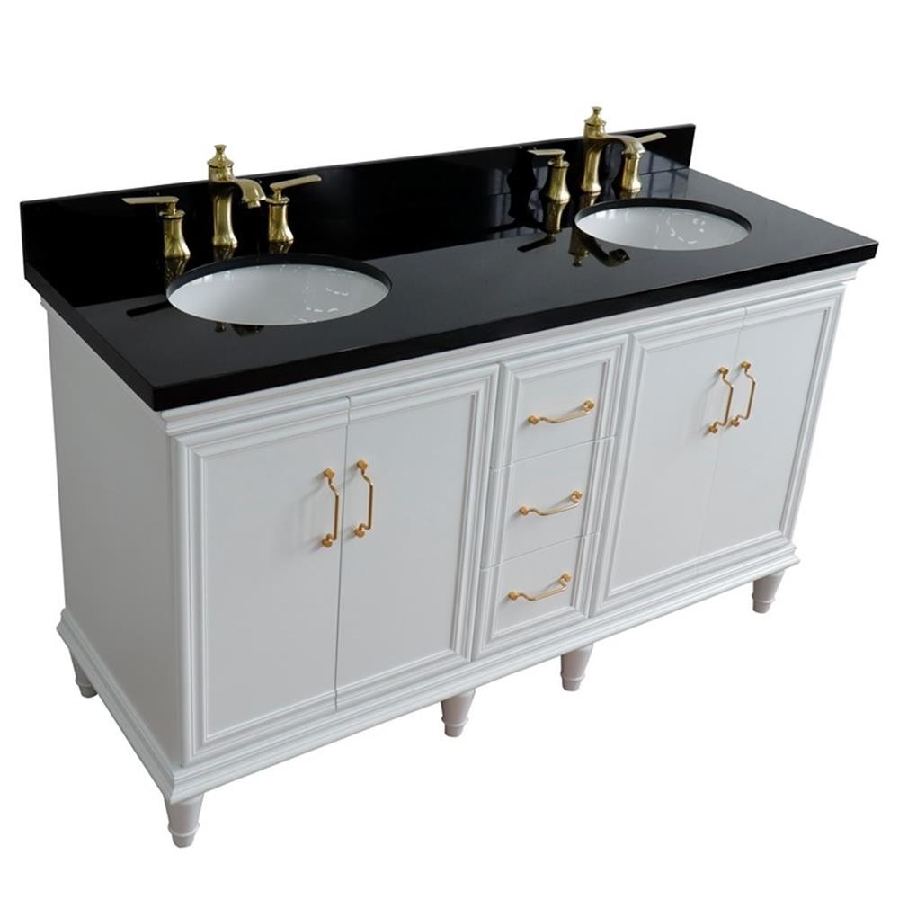 61 in. Double Wooden Vanity White Black Galaxy Granite Oval Sink