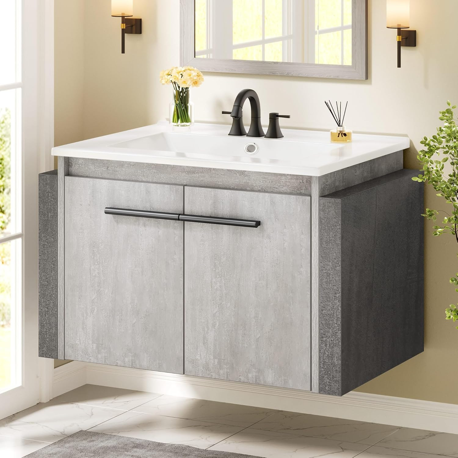 24″ Grey Wall-Mounted Bathroom Vanity with Sink & Soft-Close Double Doors