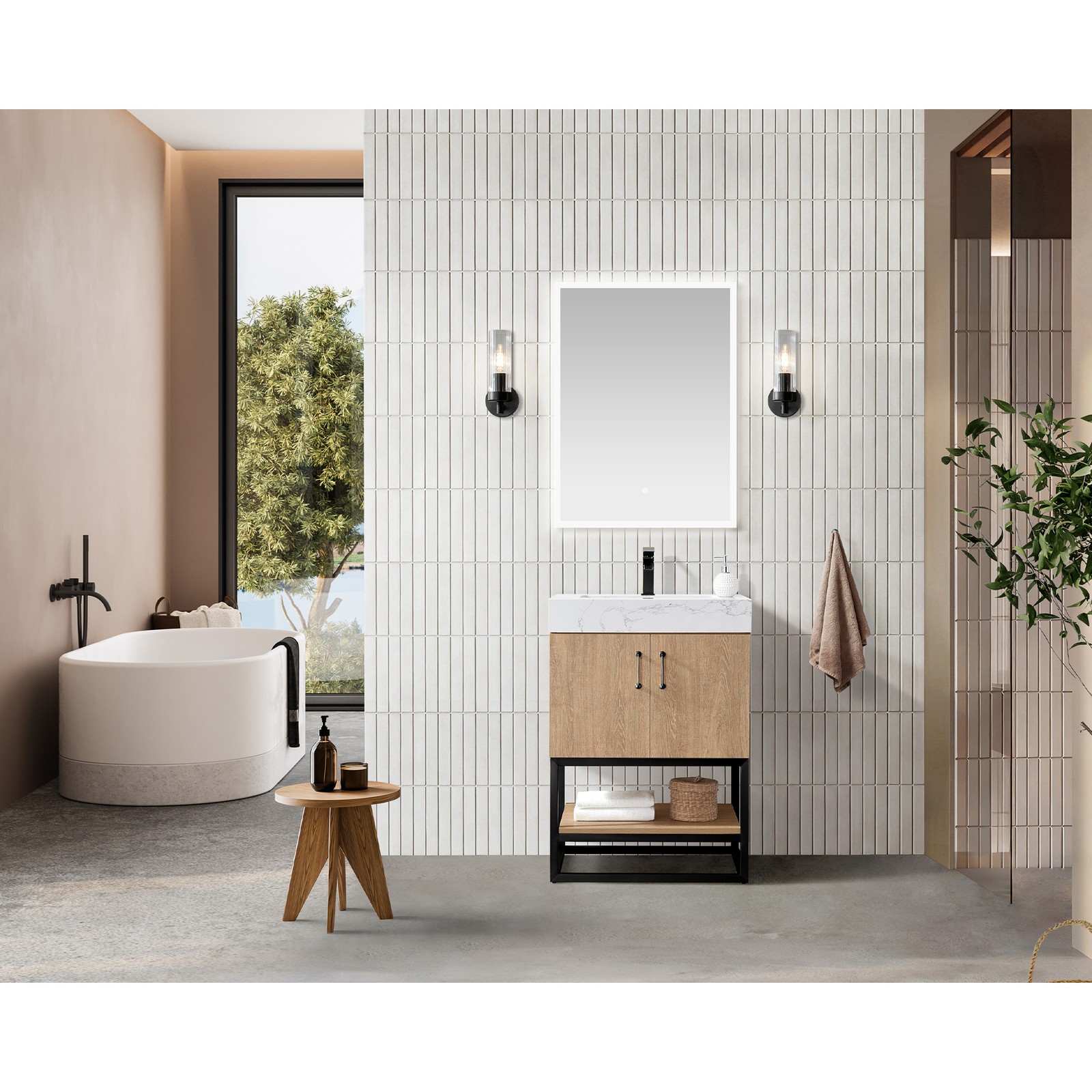 Vinnova Alistair 24″ White Stone Top Oak Single Vanity Black Frame w/o Mirror