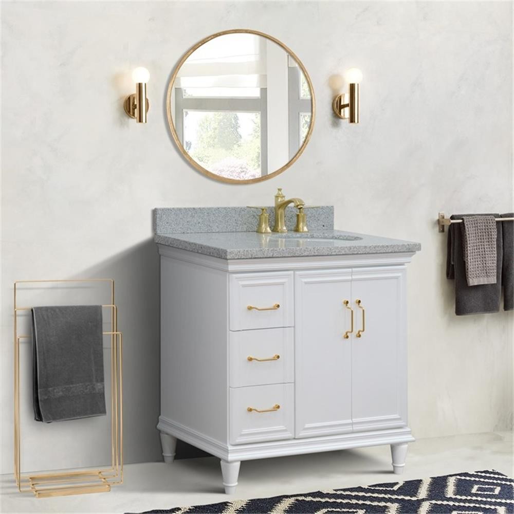 37 in. Single Wooden Vanity White Gray Granite Oval Right Door.Right Sink