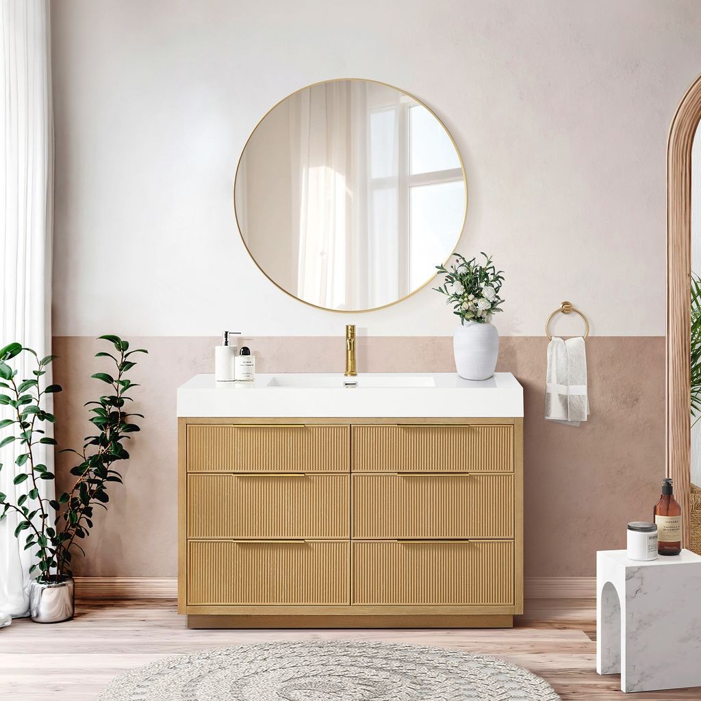 Hohhot 48″ Single Bath Vanity in Washed Ash Grey with White Stone Top
