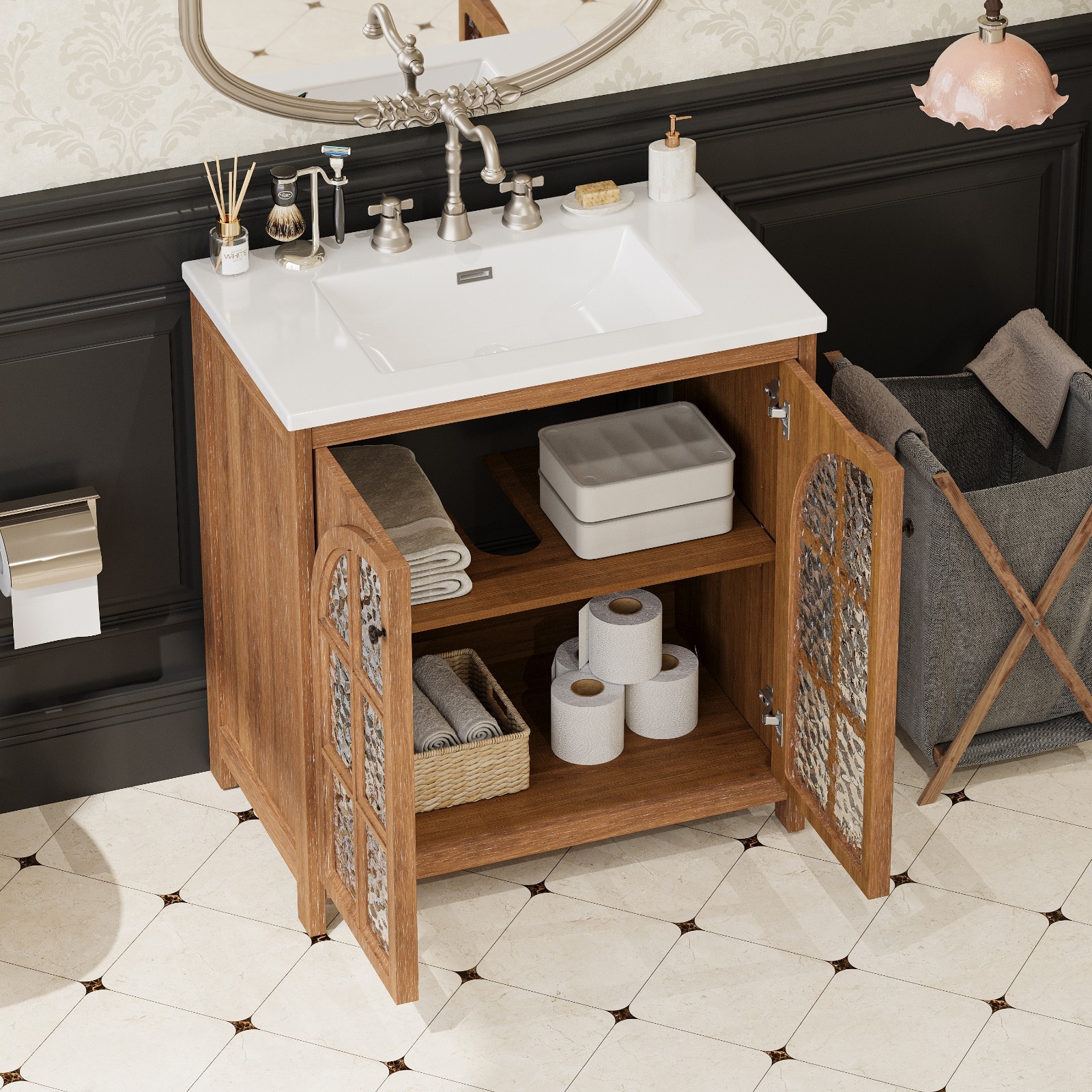 30 Inches Bathroom Vanity with Ceramic Sink,Vintage Rustic Bathroom Cabinet