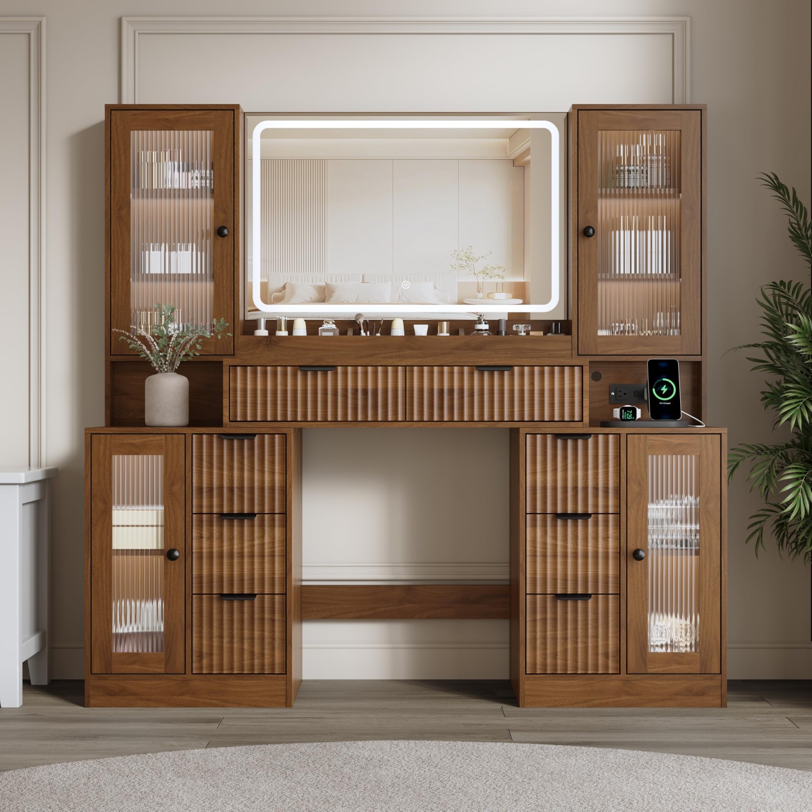 55in Fluted Vanity Desk Lighted Mirror 8 Drawers Tempered Glass Charging Station