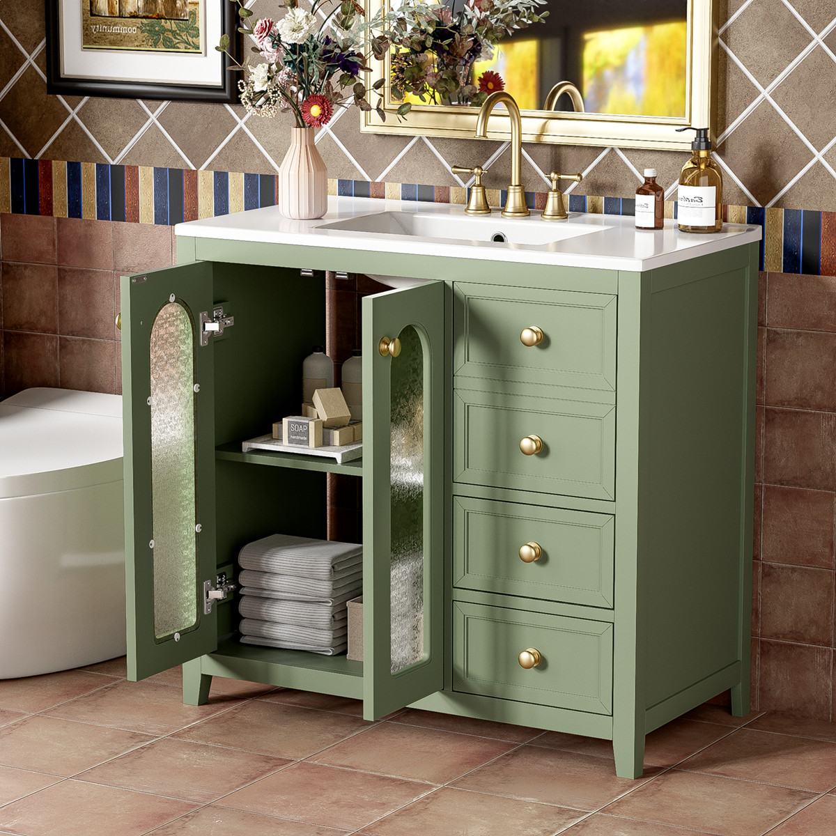 36” Bathroom Vanity w/Sink, Freestanding Bath Vanity Cabinet,3 Drawers, 2 Doors