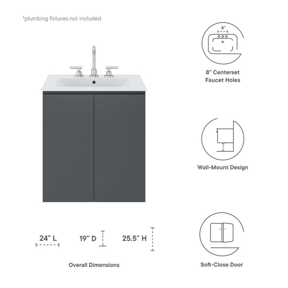 Modway Bryn 24″ Modern Wood/Ceramic Wall-Mount Bathroom Vanity in Gray/White