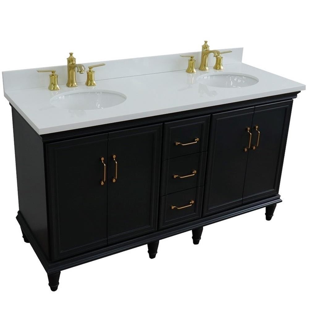 61 in. Double Wooden Vanity Dark Gray White Quartz Oval Sink
