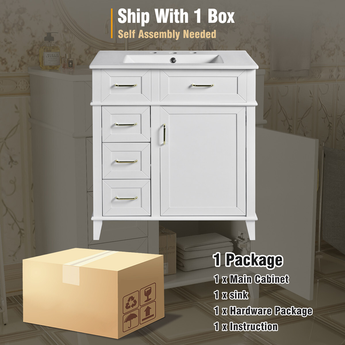 30″ Bathroom Vanity w/Sink, 3 Drawers, Freestanding Vanity Cabinet, Adjust Shelf