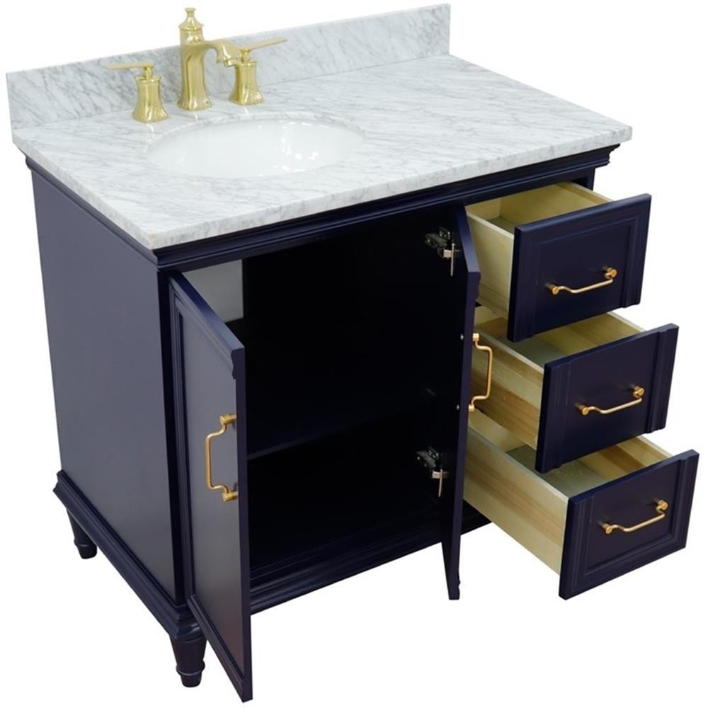 37 in. Single Wooden Vanity Blue White Carrara Oval Left Door.Left Sink