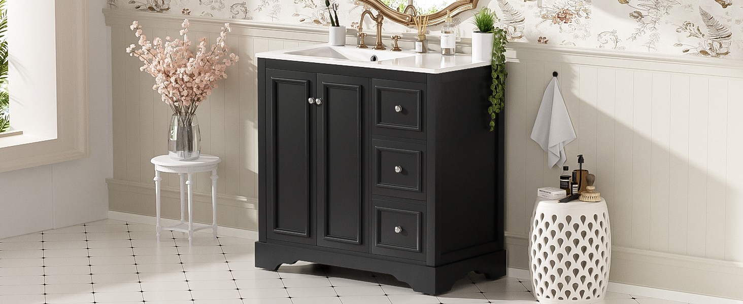 36 Inch Transitional Bathroom Vanity with Ceramic Sink, Black