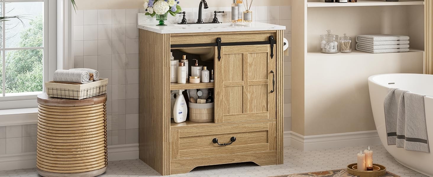 Bathroom Vanity with Sink, 30 Inch Bathroom Sink Cabinet with Drawers & Metal