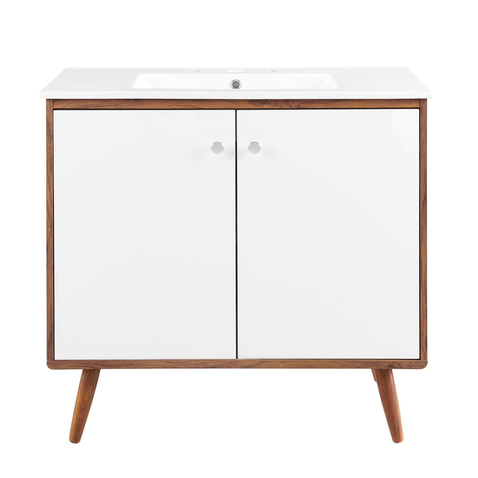 Modway Transmit 36″ Modern Wood and Ceramic Bathroom Vanity in Walnut/White