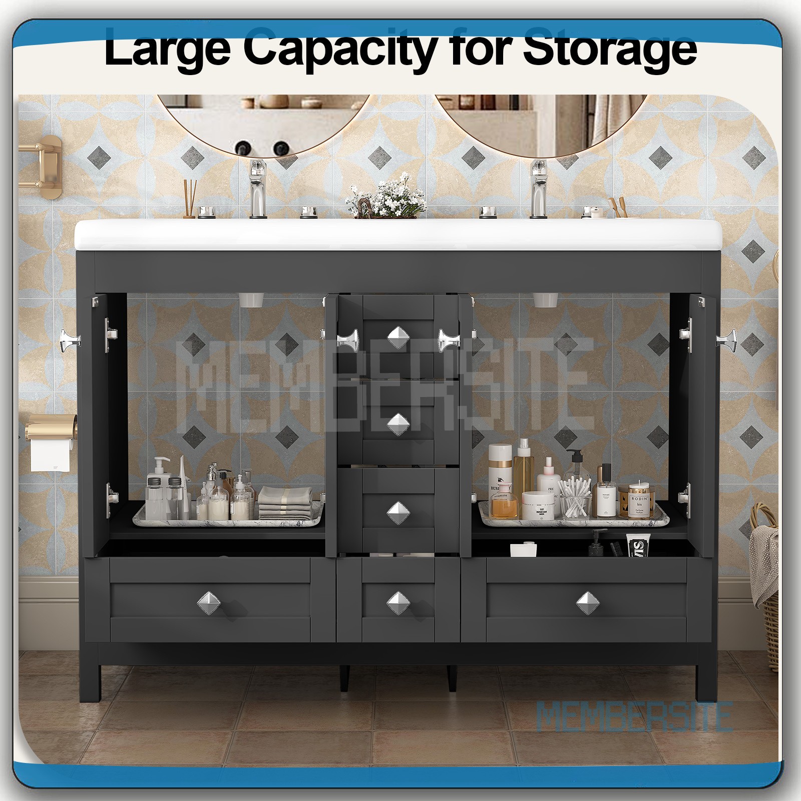 Black 47.3″ Bathroom Vanity Cabinet w/ 2 Ceramic Sinks Vanity Cabinet 6 Drawers