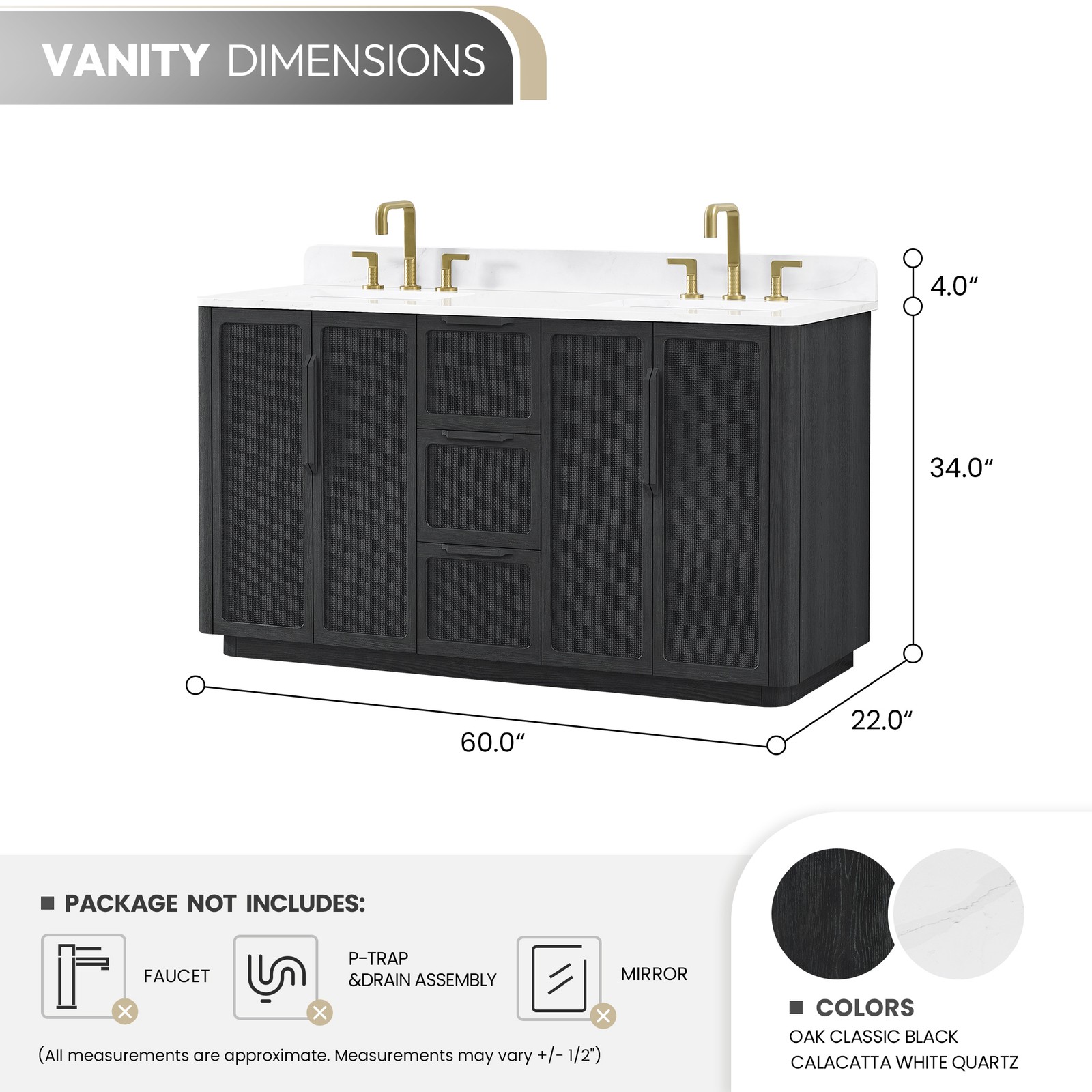 Busan 60M” Double Bath Vanity in Oak Classic Black with White Quartz Stone Top