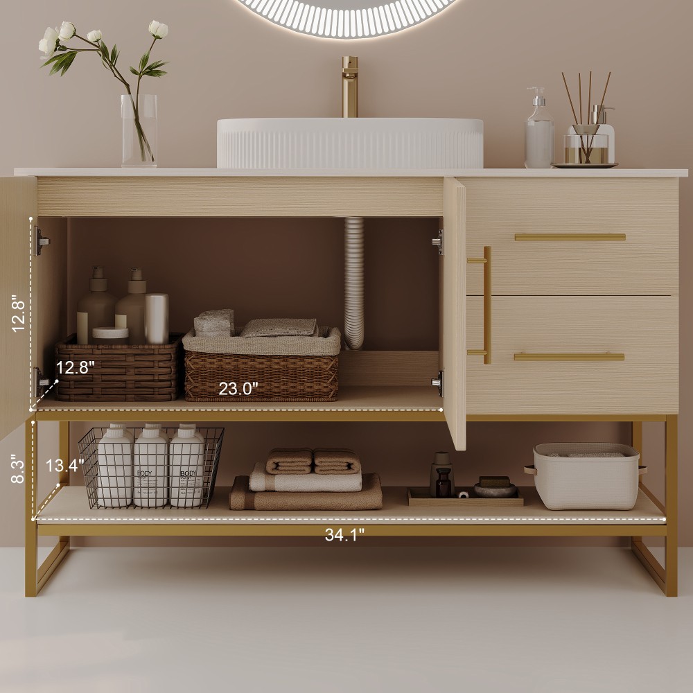 36″ Modern Bathroom Vanity Ceramic Vessel Sink Gold Accent Free Standing Cabinet