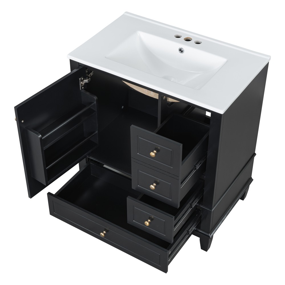 30″ Vanity w/Sink,Rubber Wood & MDF Cabinet,Soft Close Door,3 Drawers,Vietnam