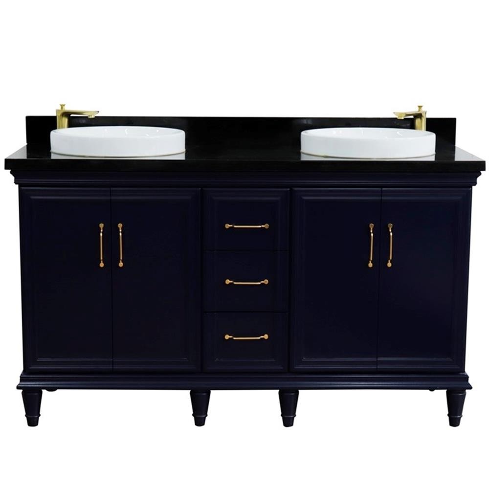 61 in. Double Wooden Vanity Blue Black Galaxy Granite Round Sink