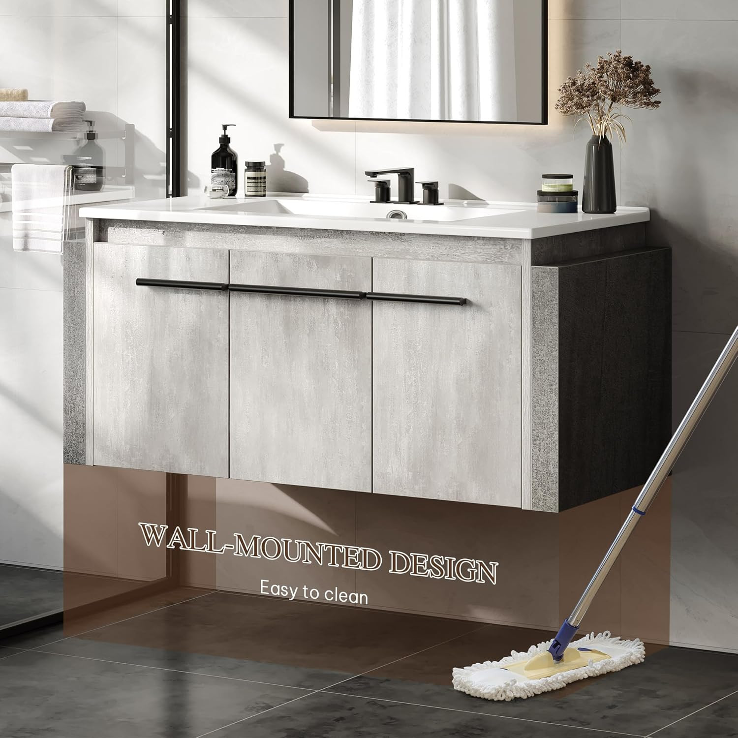 Modern 38″ Floating Bathroom Vanity with Sink & 3 Extra Large Doors