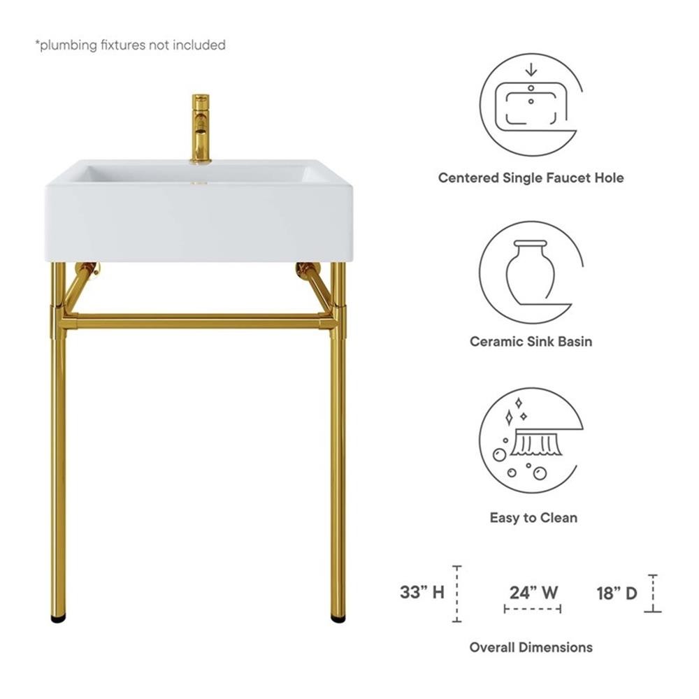 Modway Redeem 24″Wall-Mount Stainless Steel Bathroom Vanity in Gold/White