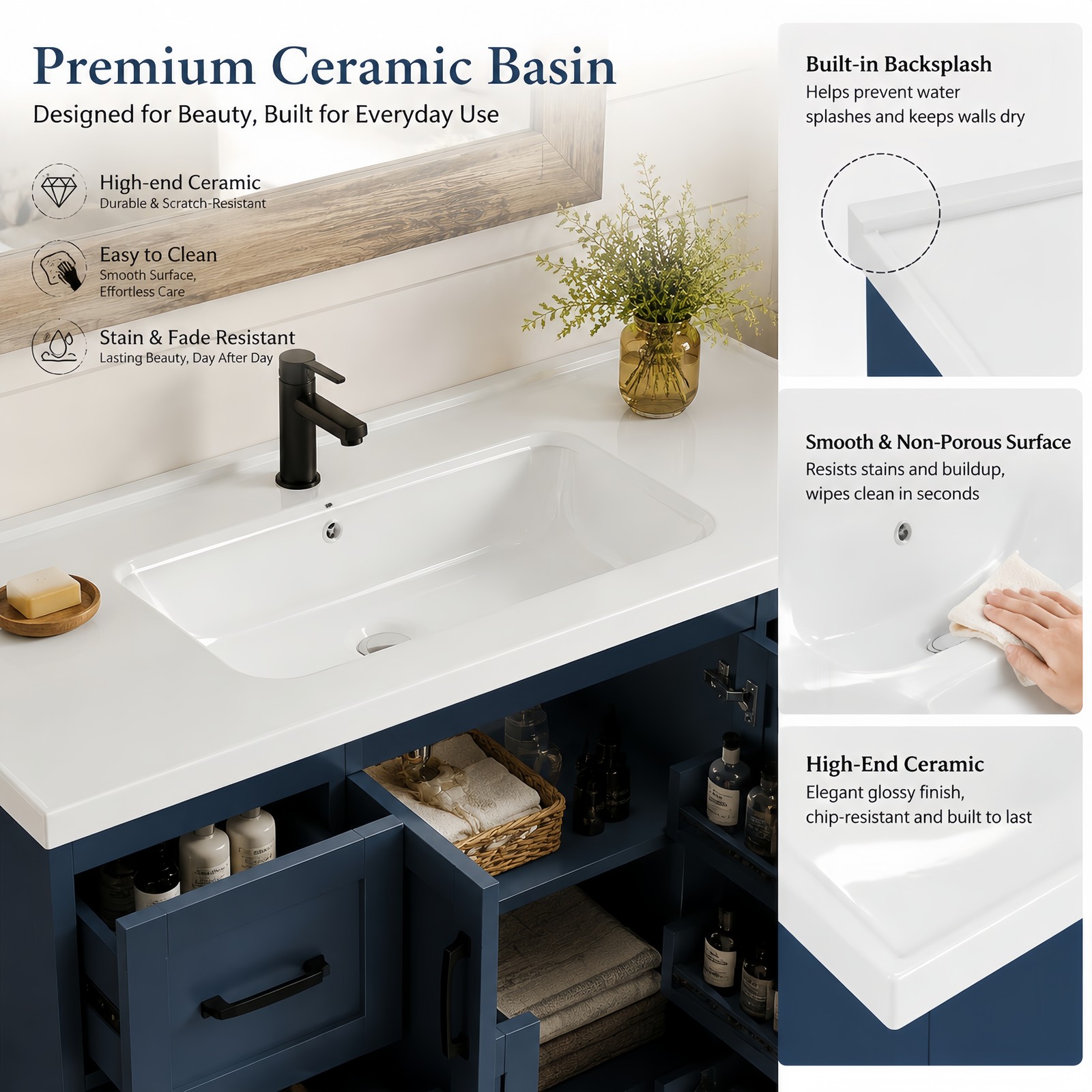 48″ Bathroom Vanity with Sink Ceramic Top Navy Blue Farmhouse Cabinet