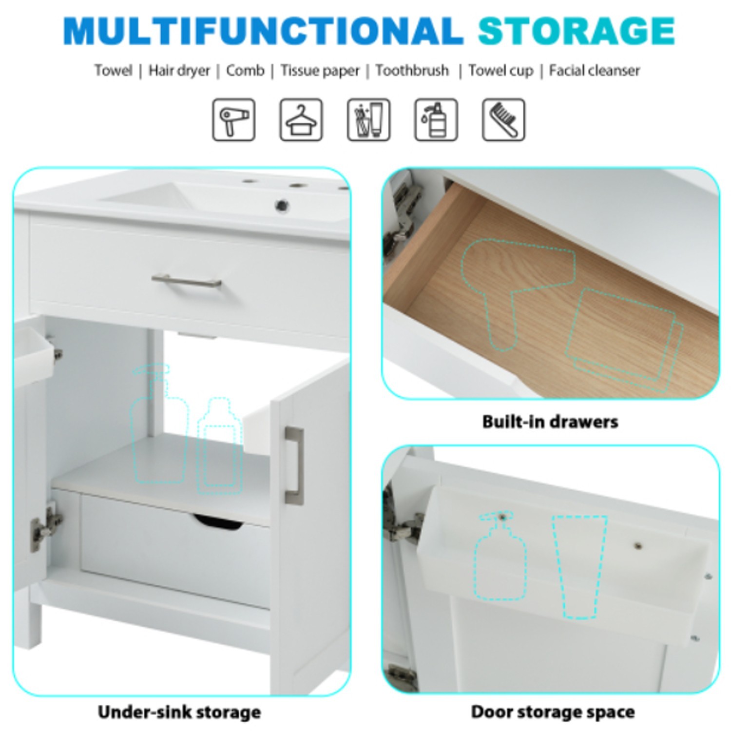 White Durable Build 30″Bathroom Vanity Cabinet Large Practical Vanity With Sink