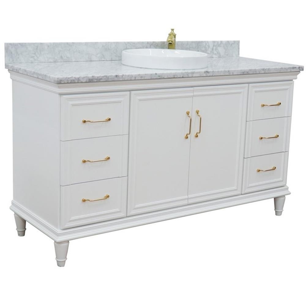 61 in. Single Wooden Vanity White with White Carrara Rectangle Sink
