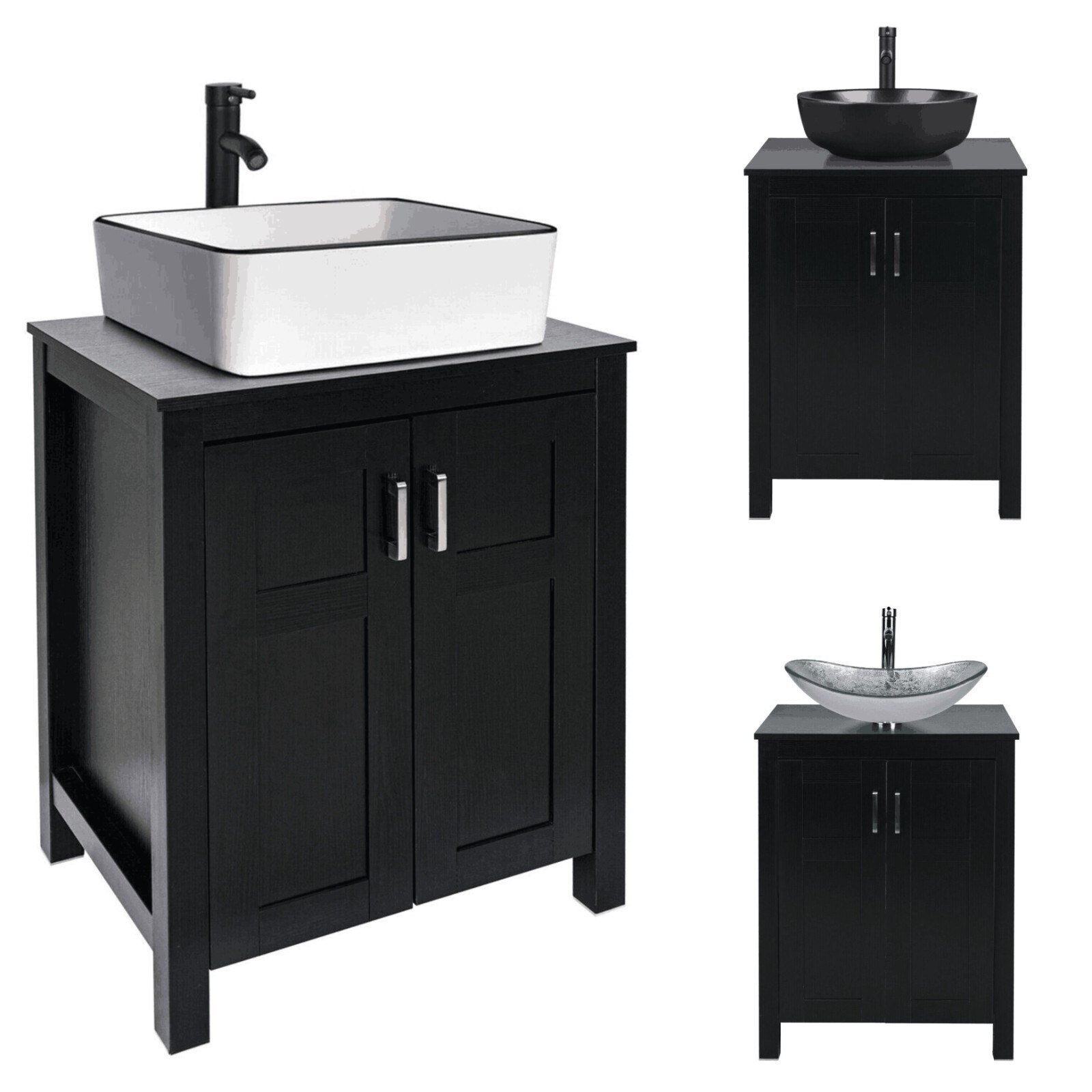 24Inch Bathroom Vanity Single Cabinet w/ Vessel Sink Combo Black Faucet & Drain