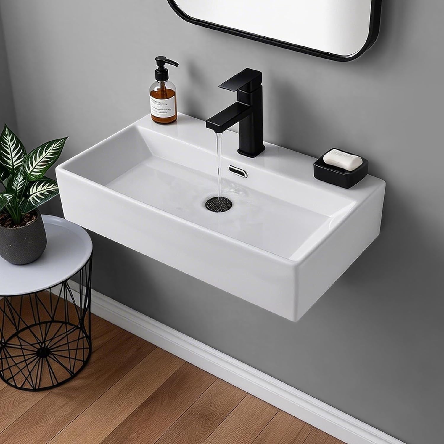 24″ Wall Mount Sink with Towel Rack – Small Ceramic Floating Bathroom Basin